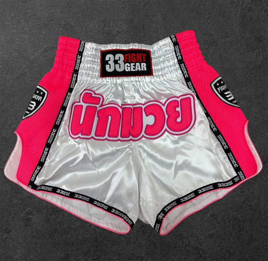 Muay Thai Retro Shorts - Mesh White - Pink