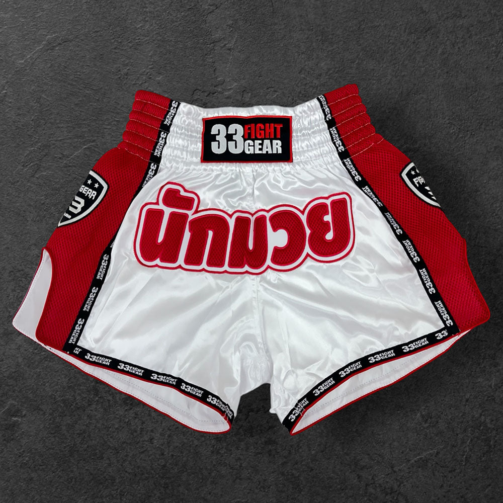 Muay Thai Retro Shorts - Mesh White - Red