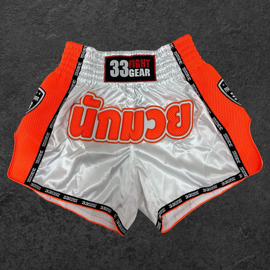 Muay Thai Retro Shorts - Mesh White - Orange