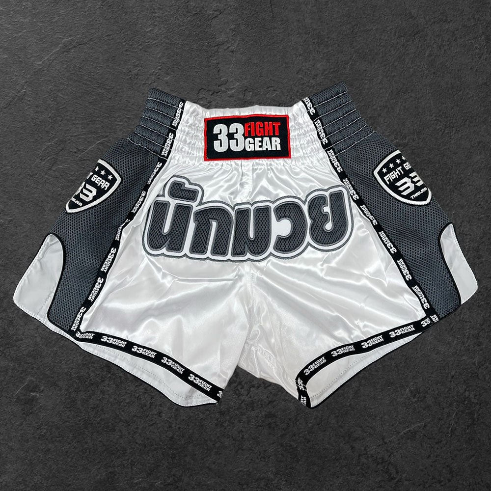 Muay Thai Retro Shorts - Mesh White - Grey