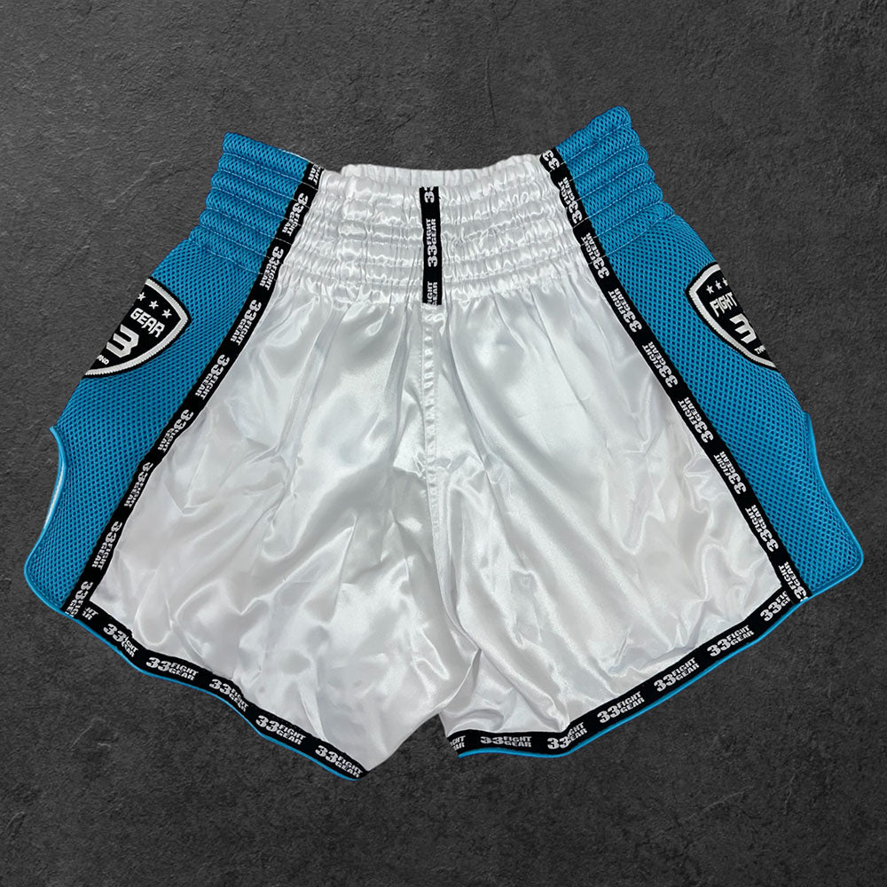 Muay Thai Retro Shorts - Mesh White - Blue Light